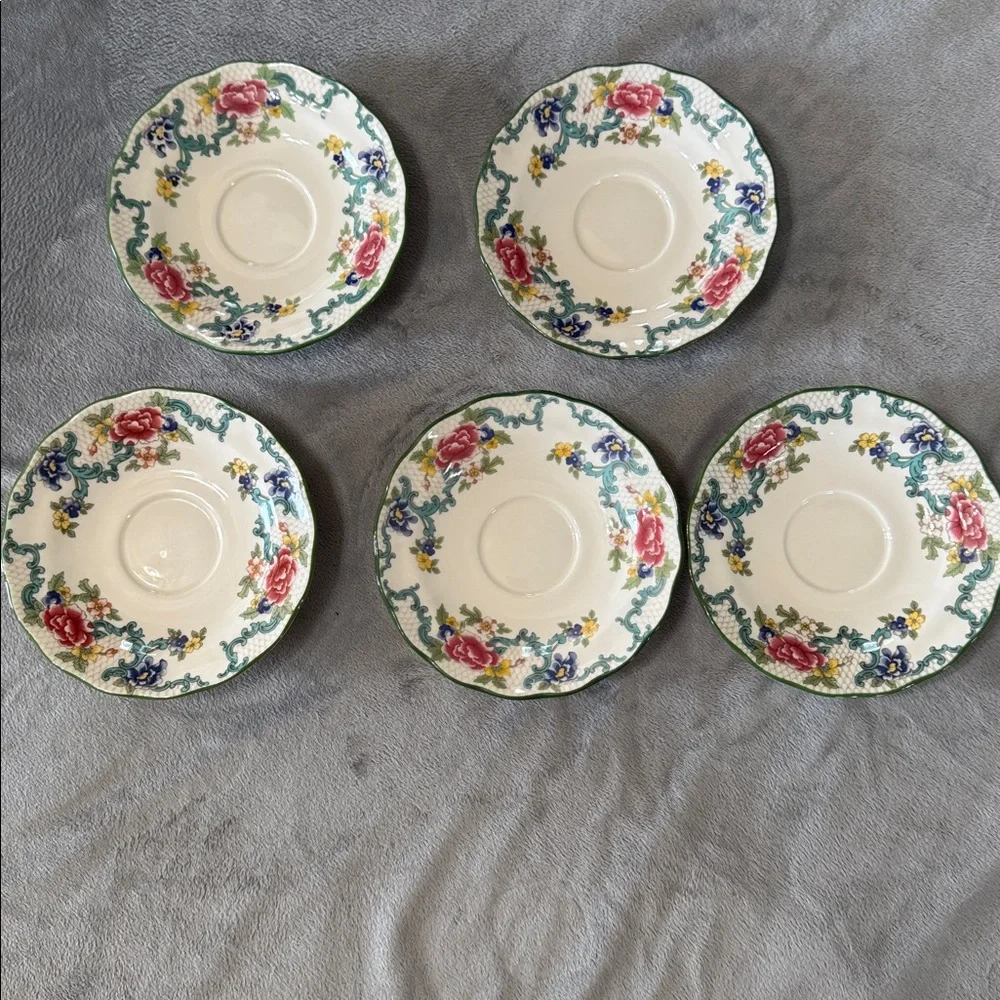 Royal Doulton Floradora Green 1981 Tea Cup Saucer Set of 5 Fine China‎ Vintage